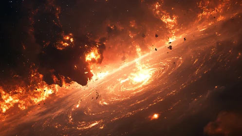 Volcanic galactic disk accretion rendering with molten debris plume