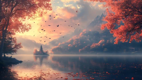 Digital painting of misty autumn lake with distant island pagoda.
