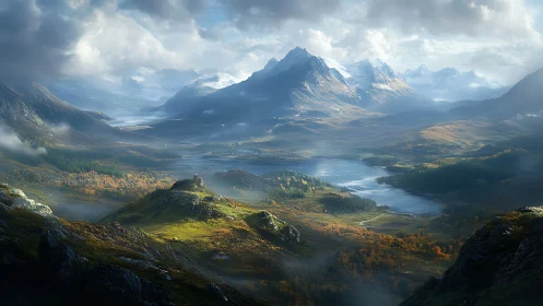 Epic digital valley landscape under dramatic mountain light.