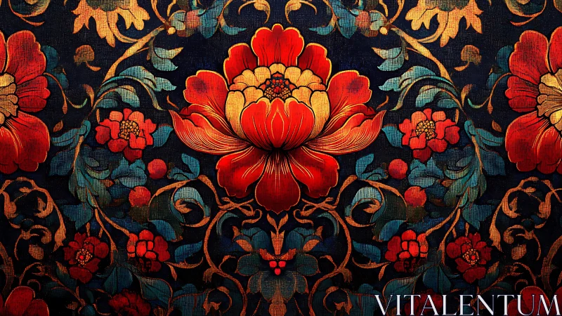 Symmetrical red floral tapestry with ornate metallic filigree detailing