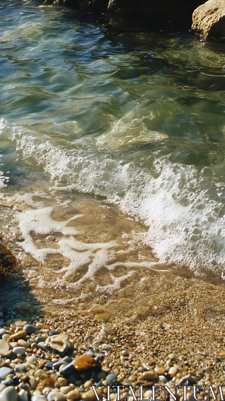 Shallow coastal wave breaking over pebbled shoreline detail
