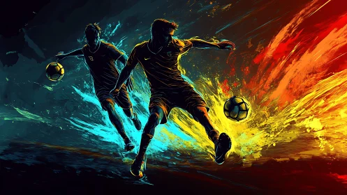 Dynamic digital soccer duel in explosive color motion.