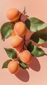 Ripe apricot branch casts bold shadows on coral surface.