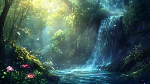 Luminescent forest cascade with floral foreground and misted pool