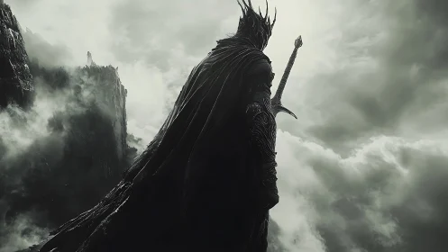 Shadow-crowned warlord surveys storm-wreathed mountain realm.