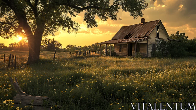 Weathered farmhouse glows under golden rural sunset sky.