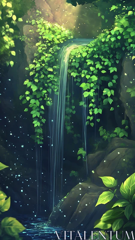 Luminous forest waterfall framed by cascading ivy foliage.