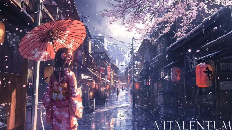 Girl in pink kimono walks under cherry blossoms at dusk