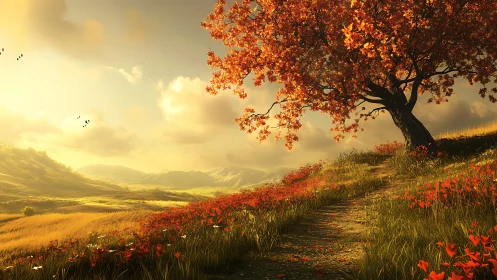 Autumn hillside tree beside winding path at golden sunset