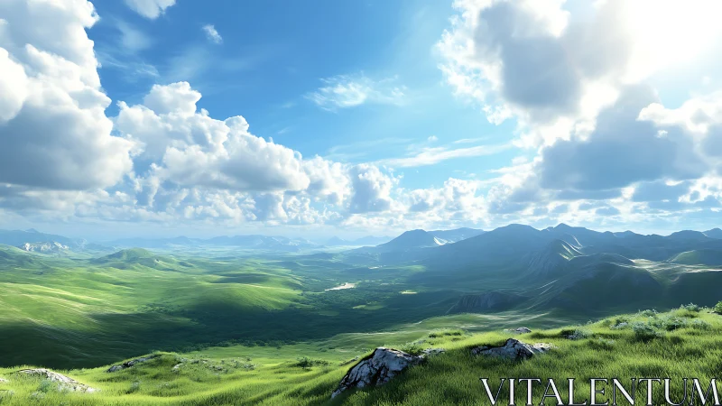 Sunlit green valley stretches beneath vast summer sky