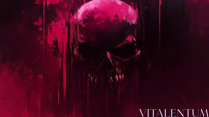 Crimson skull form emerging within dark abstract field.