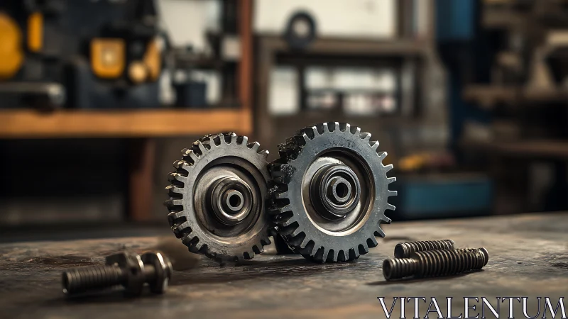 Workshop steel gears pose like quiet industrial guardians.