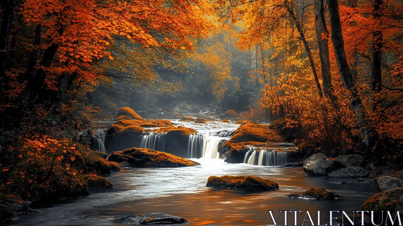 Digital painting of autumn forest cascade with luminous foliage.