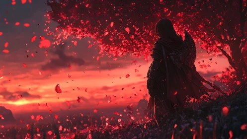 Hooded warrior watches crimson petals swirl at sunset