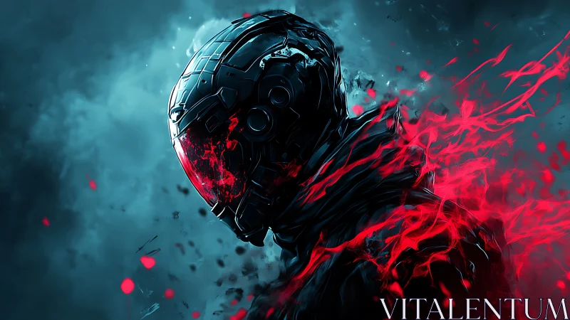 Cybernetic warrior dissolves into red energy in stormy void