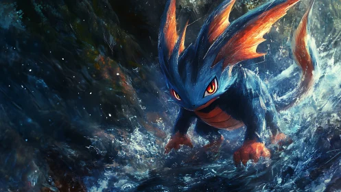 Aquatic creature in turbulent water with glowing accents.