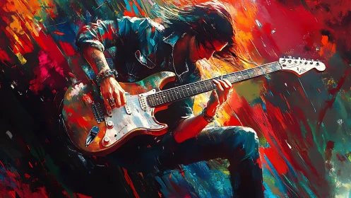 Electric guitarist rendered in saturated abstract color field