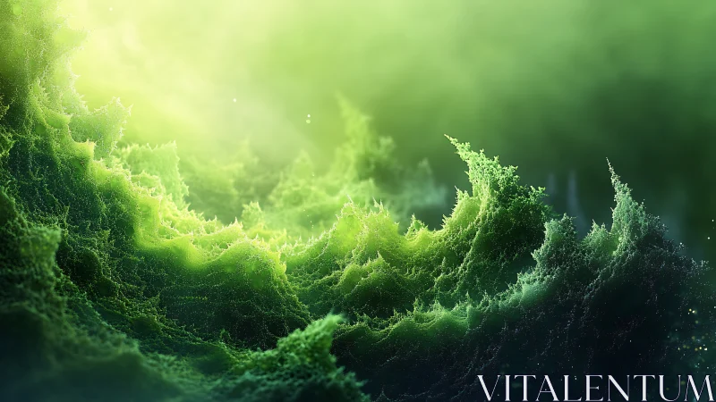 Fractal green wave structures rise toward diffuse bright light