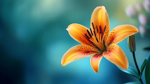 Golden Lily Bloom Against Turquoise Gradient Background