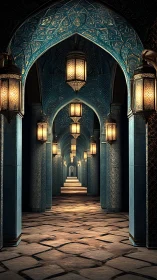 Ornate teal arches and lantern-lit corridor in perspective.