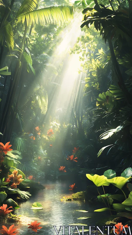 Sunlit jungle stream cuts through dense tropical foliage