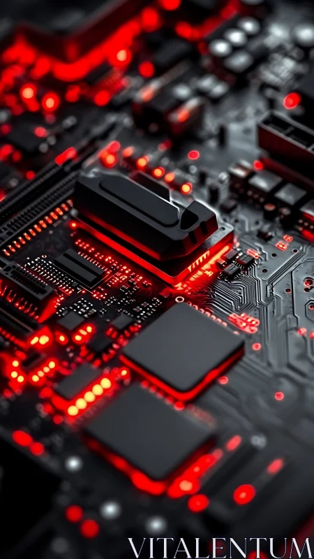 Red illuminated circuit board shows dense electronic layout