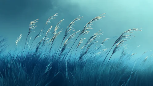Tall Grasses Swaying in Blue Twilight, Dreamy Landscape Style.