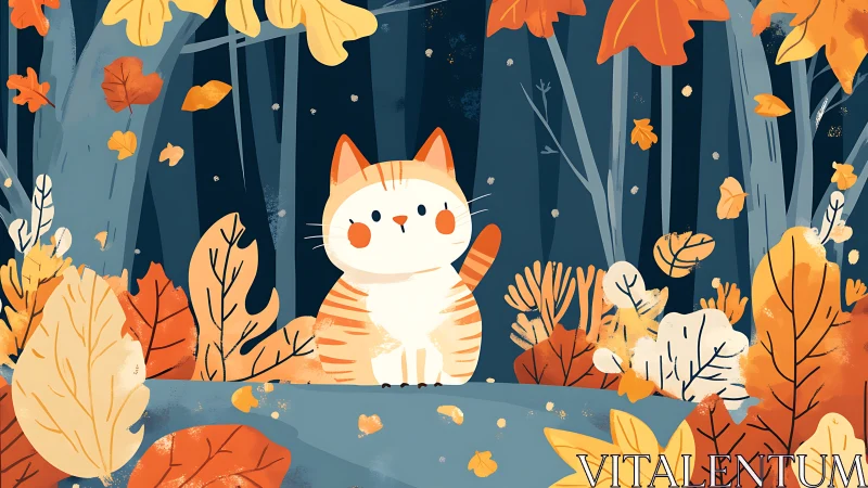 Whimsical Forest Cat Among Tumbling Autumn Leaves.