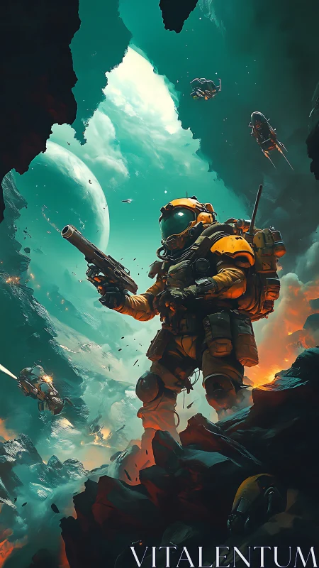 Armored space marine advances through burning alien canyon