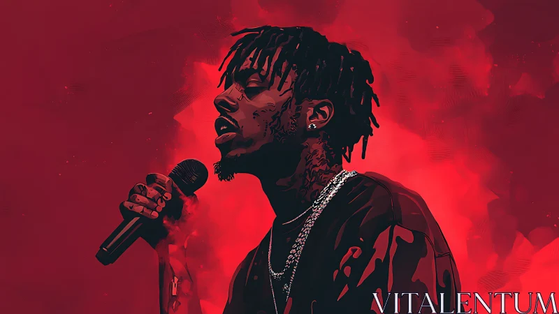 Soulful singer bathed in deep red concert glow.