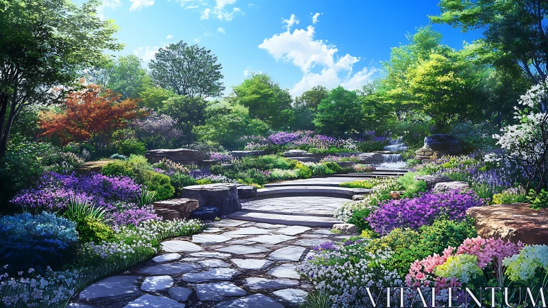 Sunlit stone garden path winds through lush flowers and trees.