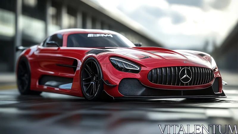 Low-slung red Mercedes AMG race coupe dominates wet pit lane