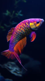 Neon arowana fish glows against deep aquatic shadows.