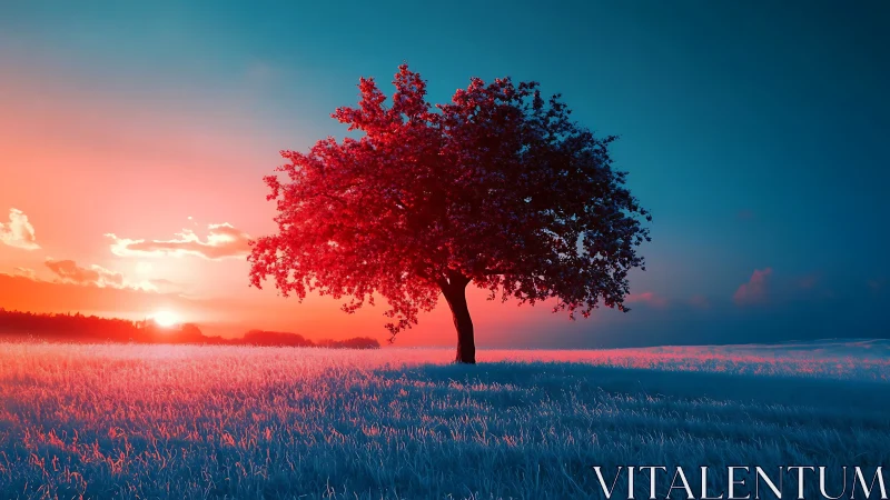 Solitary tree under high-contrast infrared-style sunset lighting