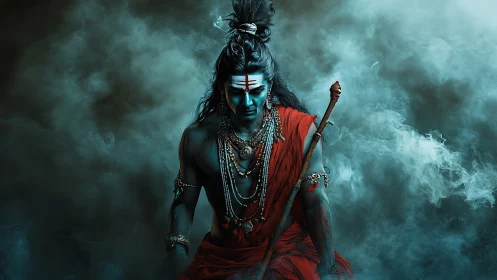 Intense warrior figure in red robes amid swirling blue smoke.