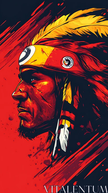 Profile illustration of stern man in feathered headdress.