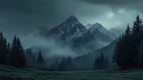 Midnight summit brooding above a fog-drowned pine valley.