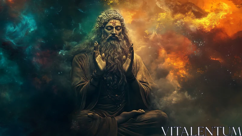 Cosmic sage floats between stormy nebulae and inner silence