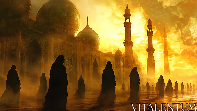 Golden mist over domed citadel with robed silhouettes.