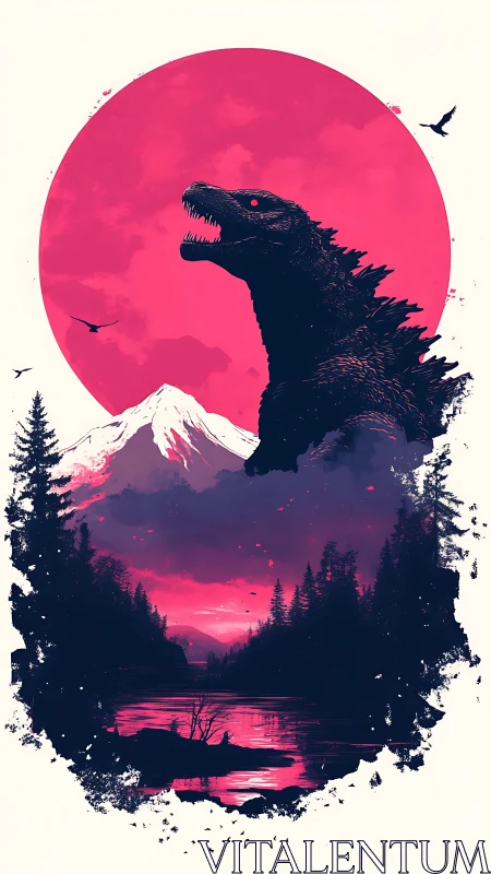 Colossal kaiju silhouette dominates neon magenta sun