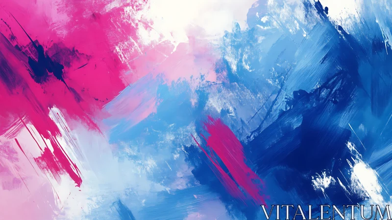 Vibrant abstract painting with energetic pink and blue brushstrokes.