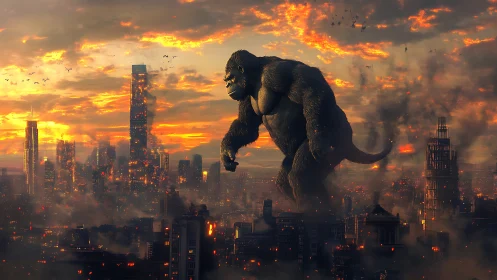 Gentle giant gorilla crossing a smoky, sunset cityscape.