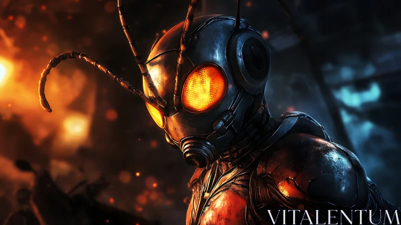 Glowing eyed insect warrior stands firm in the burning night