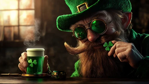 Leprechaun character inspects shamrock beside steaming drink