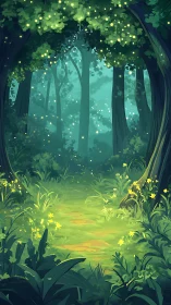 Enchanted forest with bioluminescent flora and lights.