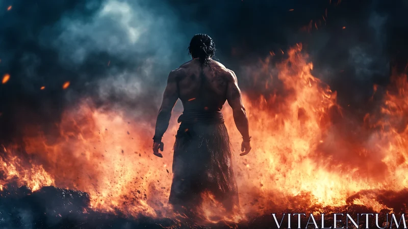 Fire-forged warrior strides through an ember-soaked inferno.