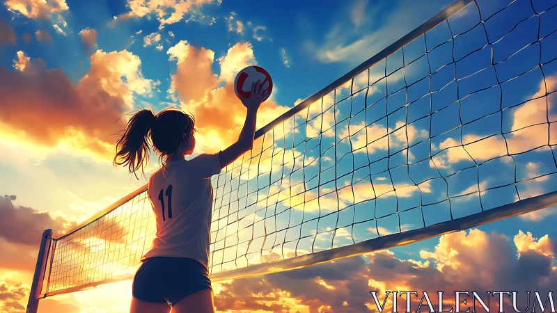 Volleyball player reaches at net under vivid sunset sky.
