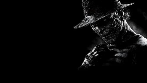 Monochrome horror specter in stratified chiaroscuro portrait.