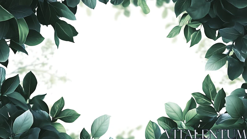 Lush green foliage frames a bright minimalist center space.