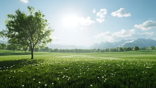 Sunlit lone tree in expansive photoreal meadow landscape.